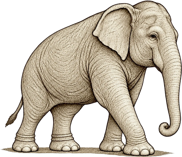 Padmaja — a caparisoned Mysore ceremonial elephant in sepia pen-and-ink
