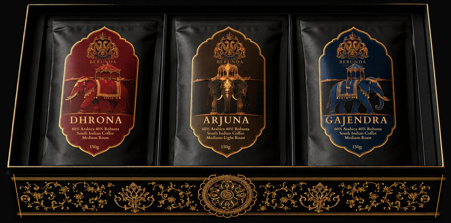 Three Berunda coffee pouches in the open box