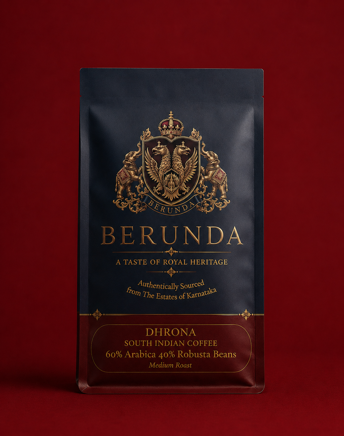Dhrona 250g pouch — Berunda sun-dried South Indian filter coffee, 60/40 arabica-robusta blend
