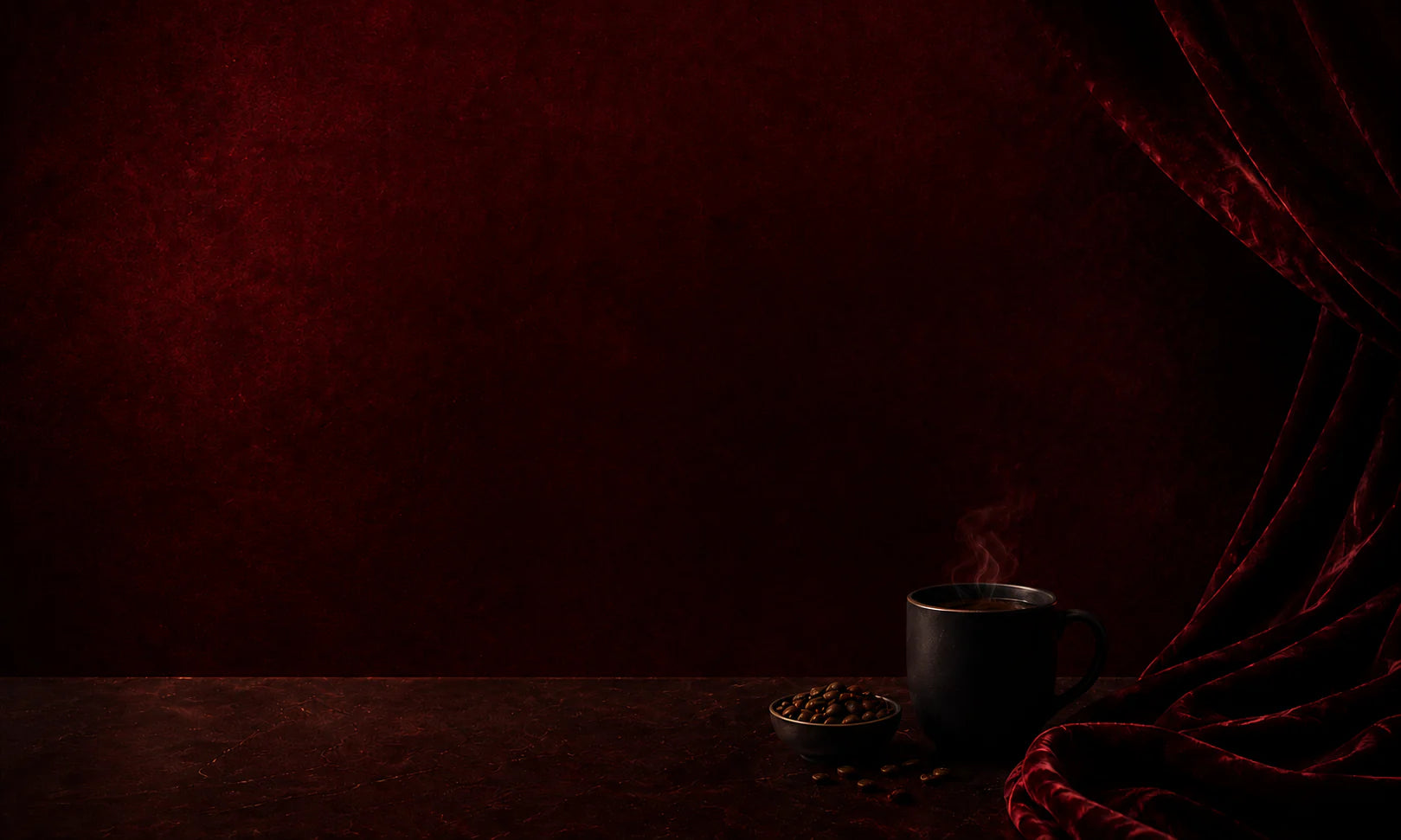A steaming cup of Berunda coffee beside roasted beans on a crimson velvet table