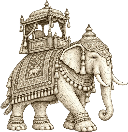 Airavata — a caparisoned Mysore ceremonial elephant in sepia pen-and-ink